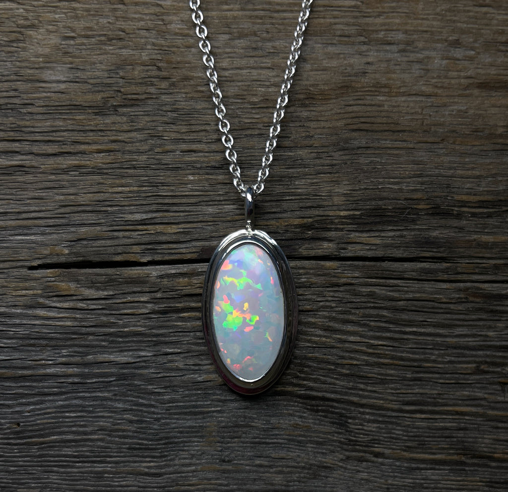 Opal Pendant, Ethiopian Opal Necklace in Sterling Silver, October Birthstone, Oval Opal Necklace, Handmade Opal Jewelry, Gift for Her