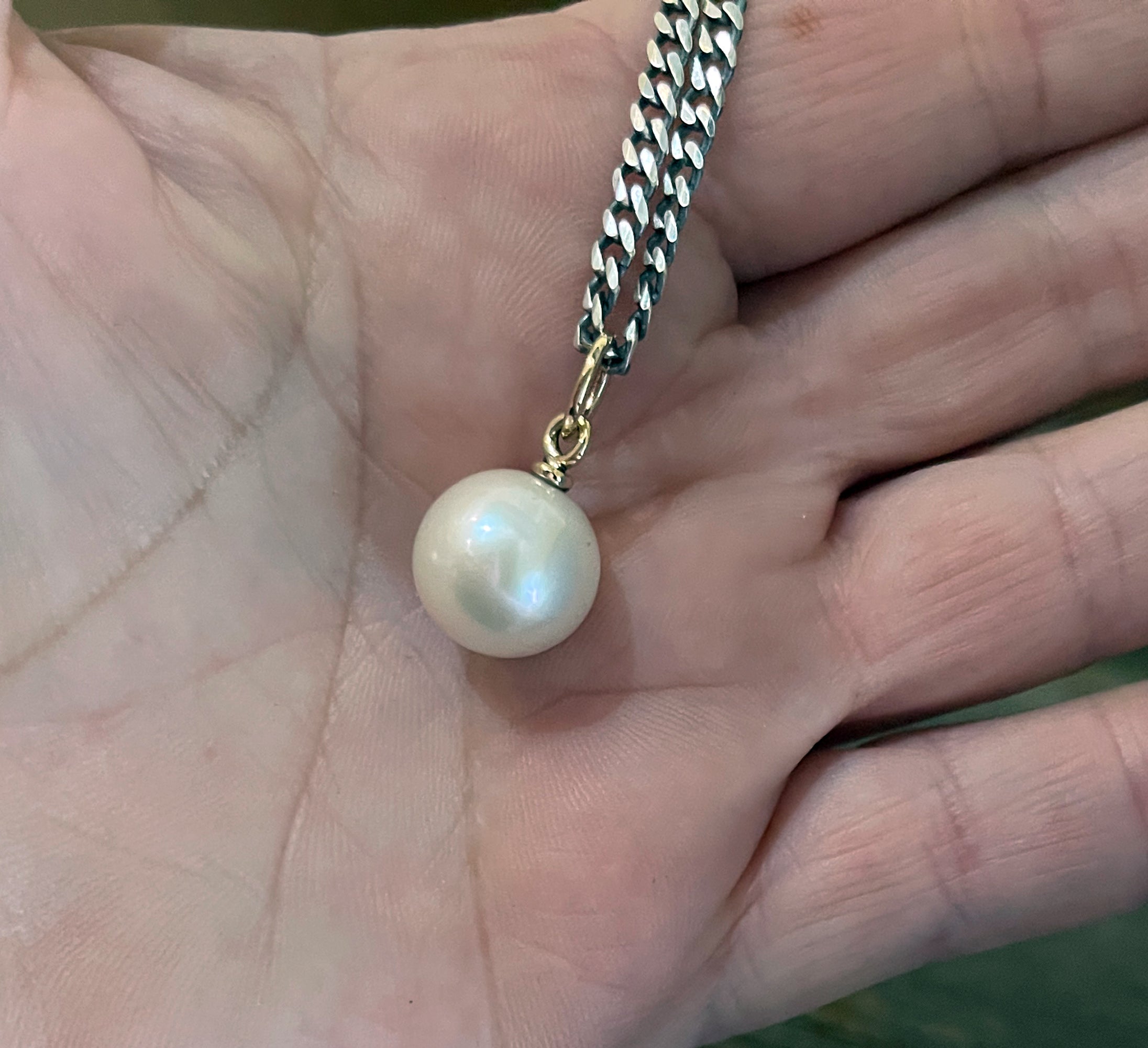 Large Single Pearl Necklace on Heavy Oxidized Chain with 14k Gold Accents, Sterling Silver, Mixed Metal Pearl Necklace, Handmade Gift