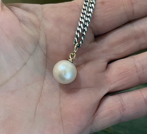 Large Single Pearl Necklace on Heavy Oxidized Chain with 14k Gold Accents, Sterling Silver, Mixed Metal Pearl Necklace, Handmade Gift