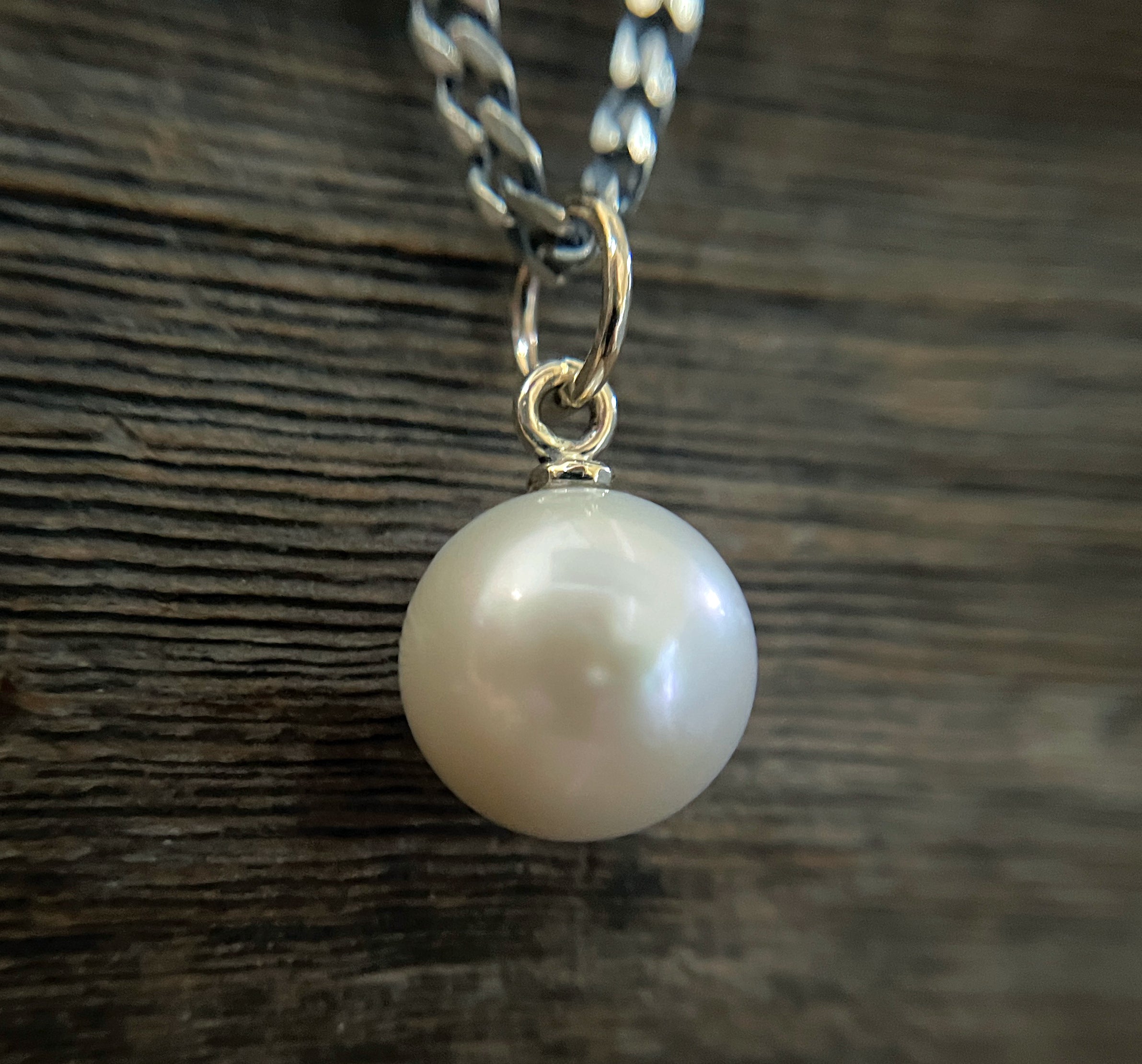 Large Single Pearl Necklace on Heavy Oxidized Chain with 14k Gold Accents, Sterling Silver, Mixed Metal Pearl Necklace, Handmade Gift