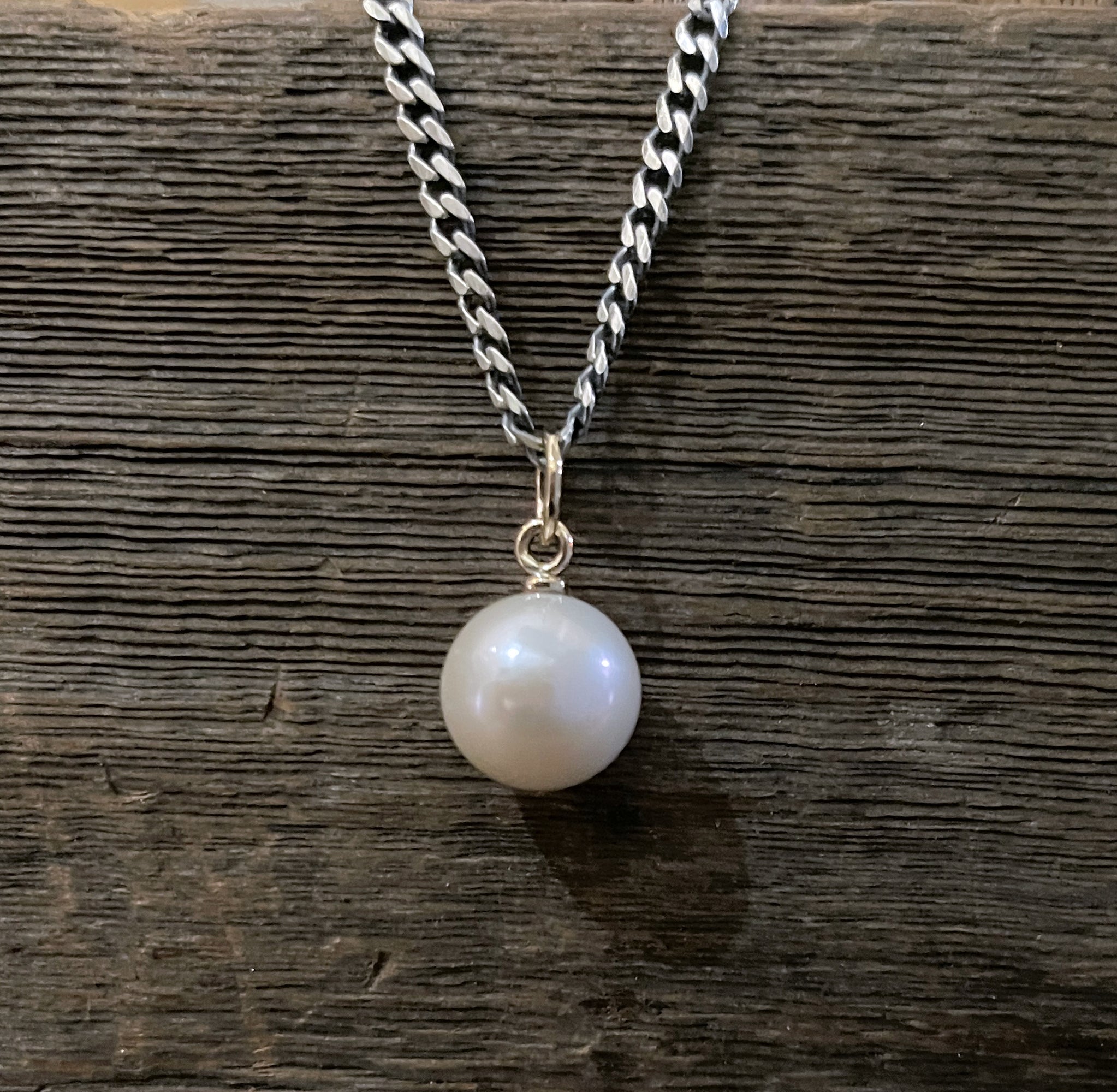 Large Single Pearl Necklace on Heavy Oxidized Chain with 14k Gold Accents, Sterling Silver, Mixed Metal Pearl Necklace, Handmade Gift