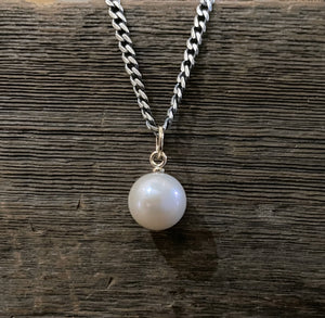 Large Single Pearl Necklace on Heavy Oxidized Chain with 14k Gold Accents, Sterling Silver, Mixed Metal Pearl Necklace, Handmade Gift