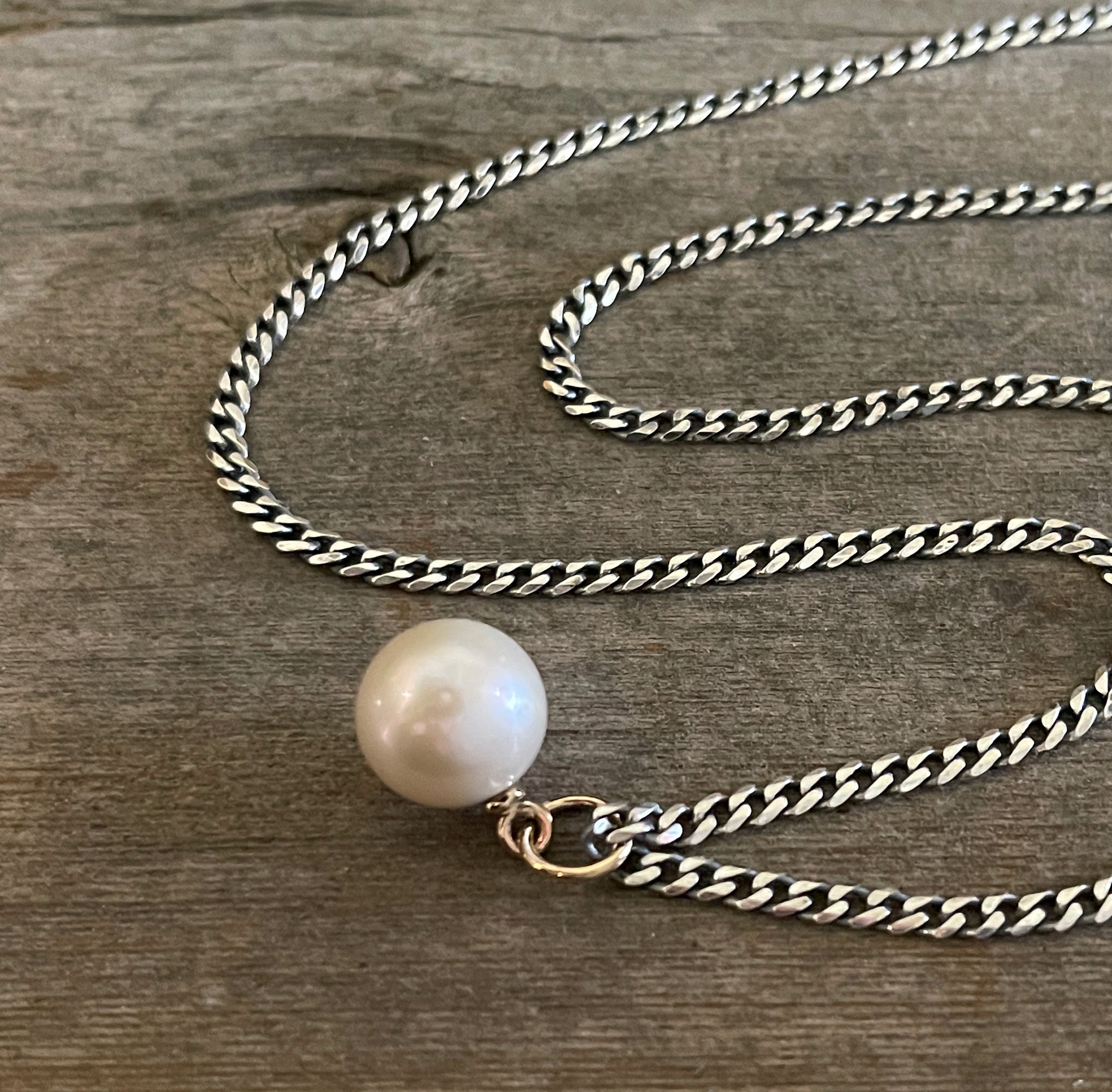 Large Single Pearl Necklace on Heavy Oxidized Chain with 14k Gold Accents, Sterling Silver, Mixed Metal Pearl Necklace, Handmade Gift