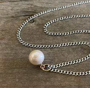 Large Single Pearl Necklace on Heavy Oxidized Chain with 14k Gold Accents, Sterling Silver, Mixed Metal Pearl Necklace, Handmade Gift