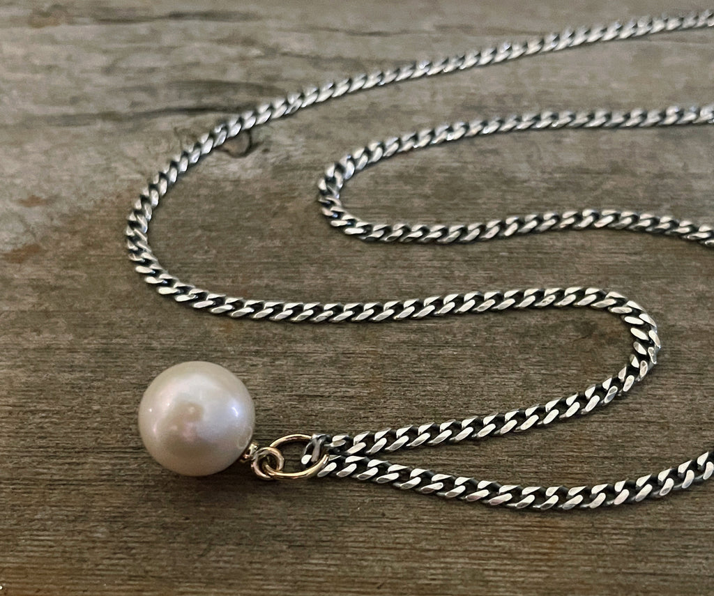 Large Single Pearl Necklace on Heavy Oxidized Chain with 14k Gold Accents, Sterling Silver, Mixed Metal Pearl Necklace, Handmade Gift