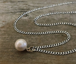 Large Single Pearl Necklace on Heavy Oxidized Chain with 14k Gold Accents, Sterling Silver, Mixed Metal Pearl Necklace, Handmade Gift