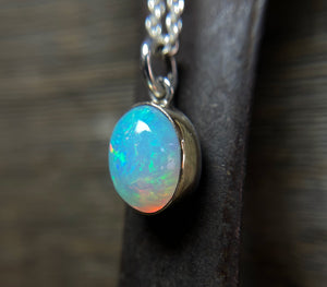 Opal Necklace in Solid 14k Gold and Sterling Silver, Mixed Metal Oval Opal Necklace, Ethiopian Opal Necklace, Handmade Opal Necklace