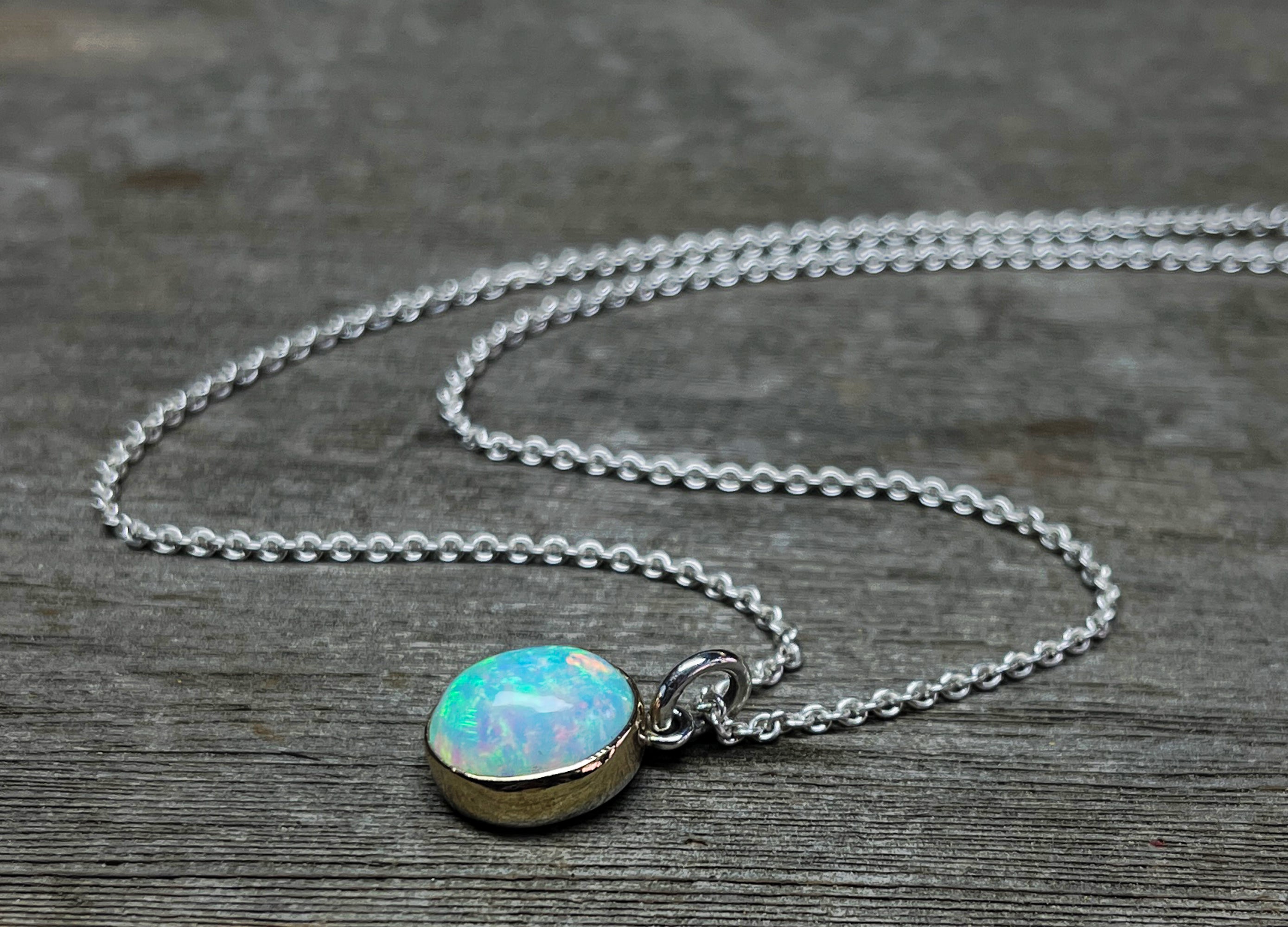 Opal Necklace in Solid 14k Gold and Sterling Silver, Mixed Metal Oval Opal Necklace, Ethiopian Opal Necklace, Handmade Opal Necklace