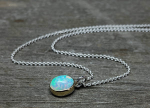Opal Necklace in Solid 14k Gold and Sterling Silver, Mixed Metal Oval Opal Necklace, Ethiopian Opal Necklace, Handmade Opal Necklace