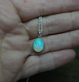 Opal Necklace in Solid 14k Gold and Sterling Silver, Mixed Metal Oval Opal Necklace, Ethiopian Opal Necklace, Handmade Opal Necklace