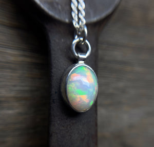 Opal Pendant, Ethiopian Opal Necklace in Sterling Silver, October Birthstone, Oval Opal Necklace, Handmade Opal Jewelry, October Birthday