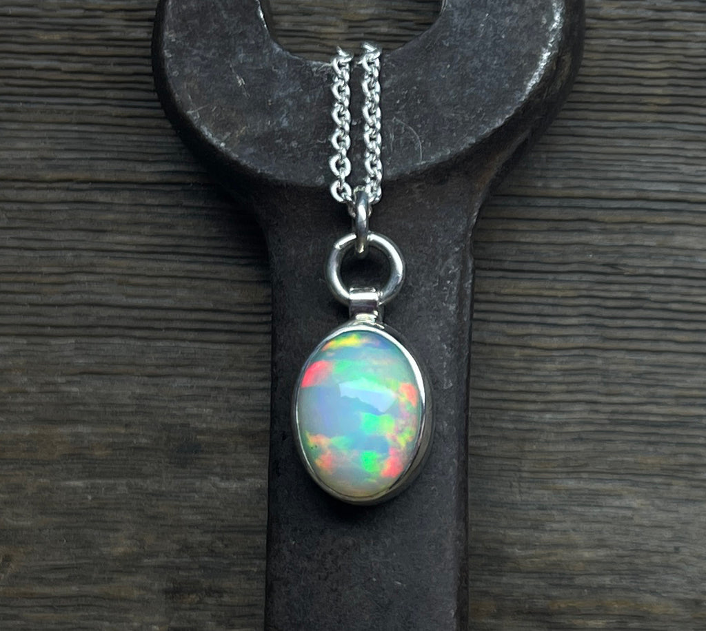 Opal Pendant, Ethiopian Opal Necklace in Sterling Silver, October Birthstone, Oval Opal Necklace, Handmade Opal Jewelry, October Birthday
