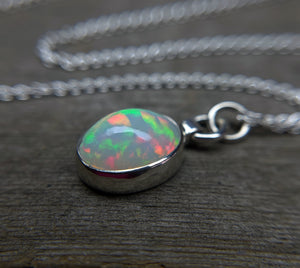 Opal Pendant, Ethiopian Opal Necklace in Sterling Silver, October Birthstone, Oval Opal Necklace, Handmade Opal Jewelry, October Birthday