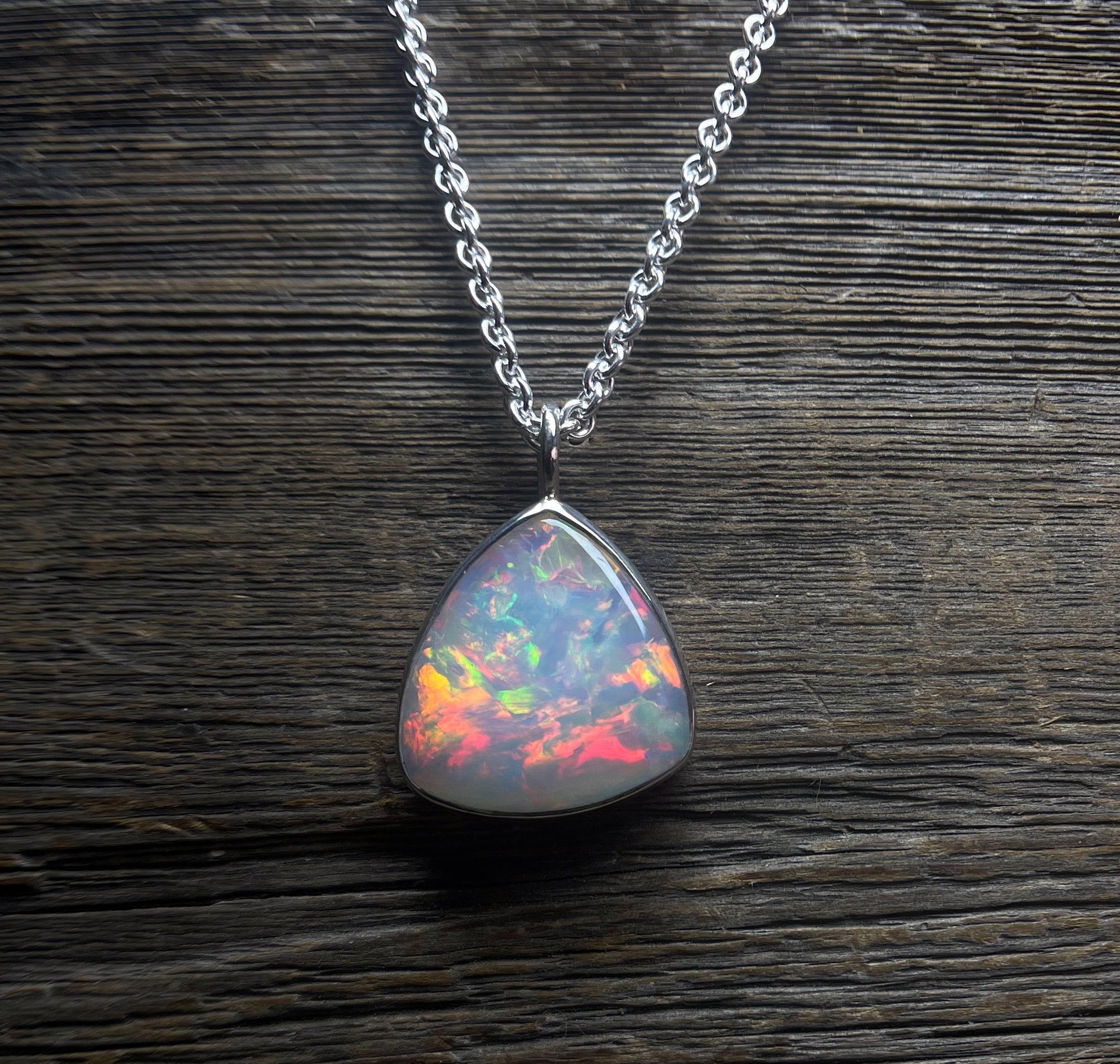 Opal Pendant, Ethiopian Opal Necklace in Sterling Silver, October Birthstone, Large Triangle Shaped Opal Necklace, Handmade Opal Gift