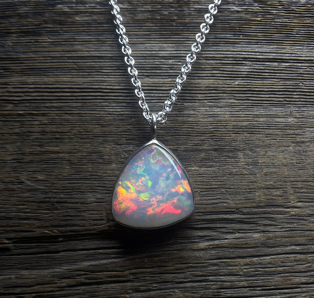 Opal Pendant, Ethiopian Opal Necklace in Sterling Silver, October Birthstone, Large Triangle Shaped Opal Necklace, Handmade Opal Gift