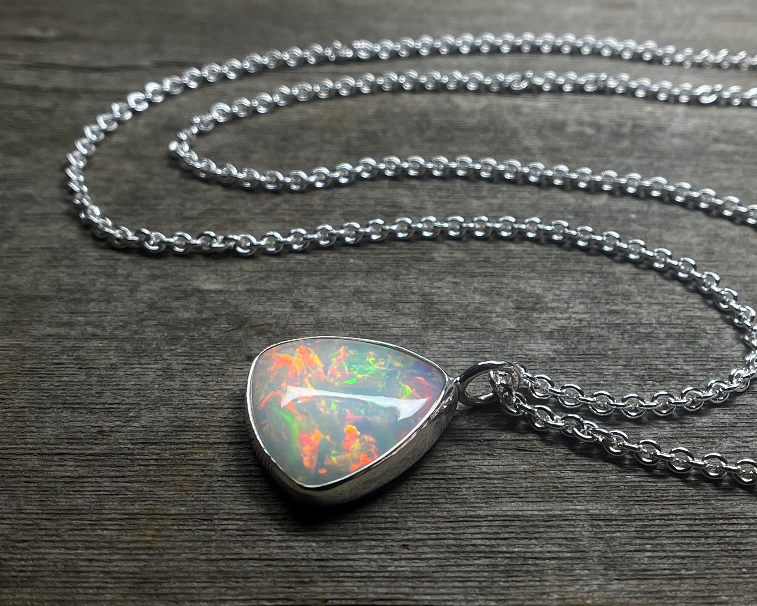 Opal Pendant, Ethiopian Opal Necklace in Sterling Silver, October Birthstone, Large Triangle Shaped Opal Necklace, Handmade Opal Gift