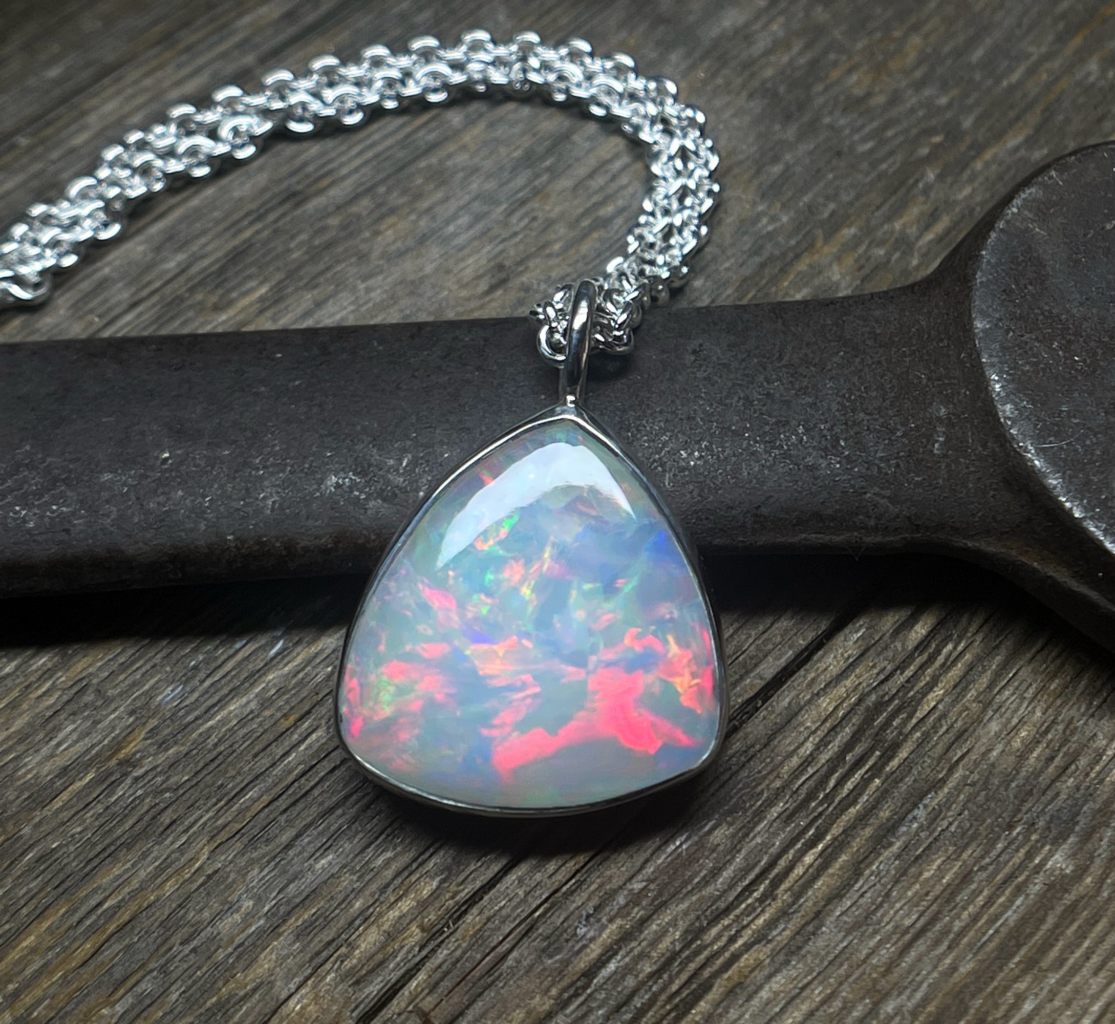 Opal Pendant, Ethiopian Opal Necklace in Sterling Silver, October Birthstone, Large Triangle Shaped Opal Necklace, Handmade Opal Gift