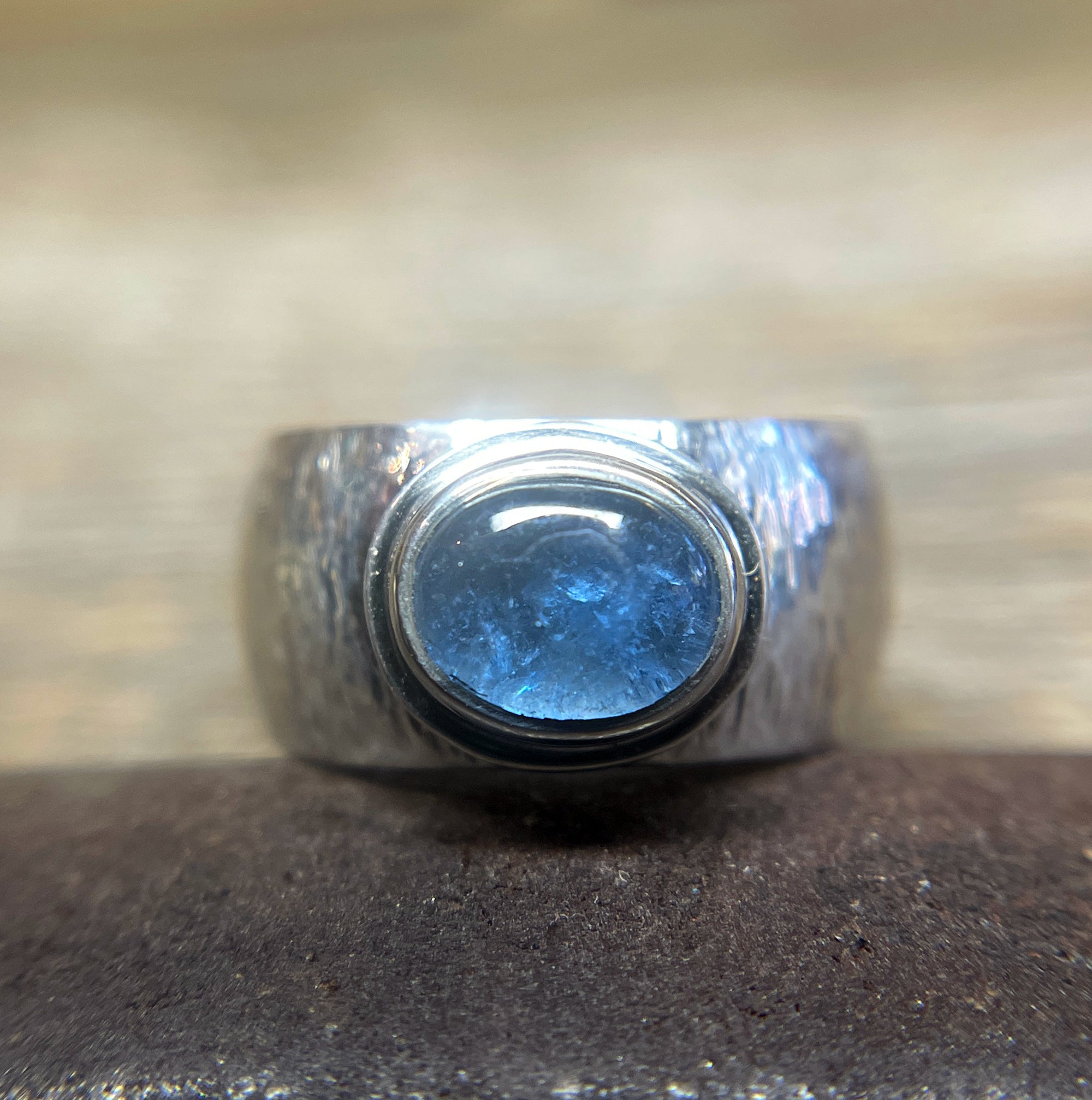 Aquamarine Ring with Wide Textured Band in 925 Sterling Silver, Cigar Band Ring, Handmade Gemstone Ring, Gift for Her, Wide Silver Ring