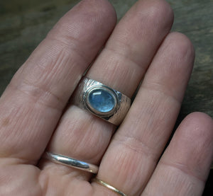 Aquamarine Ring with Wide Textured Band in 925 Sterling Silver, Cigar Band Ring, Handmade Gemstone Ring, Gift for Her, Wide Silver Ring