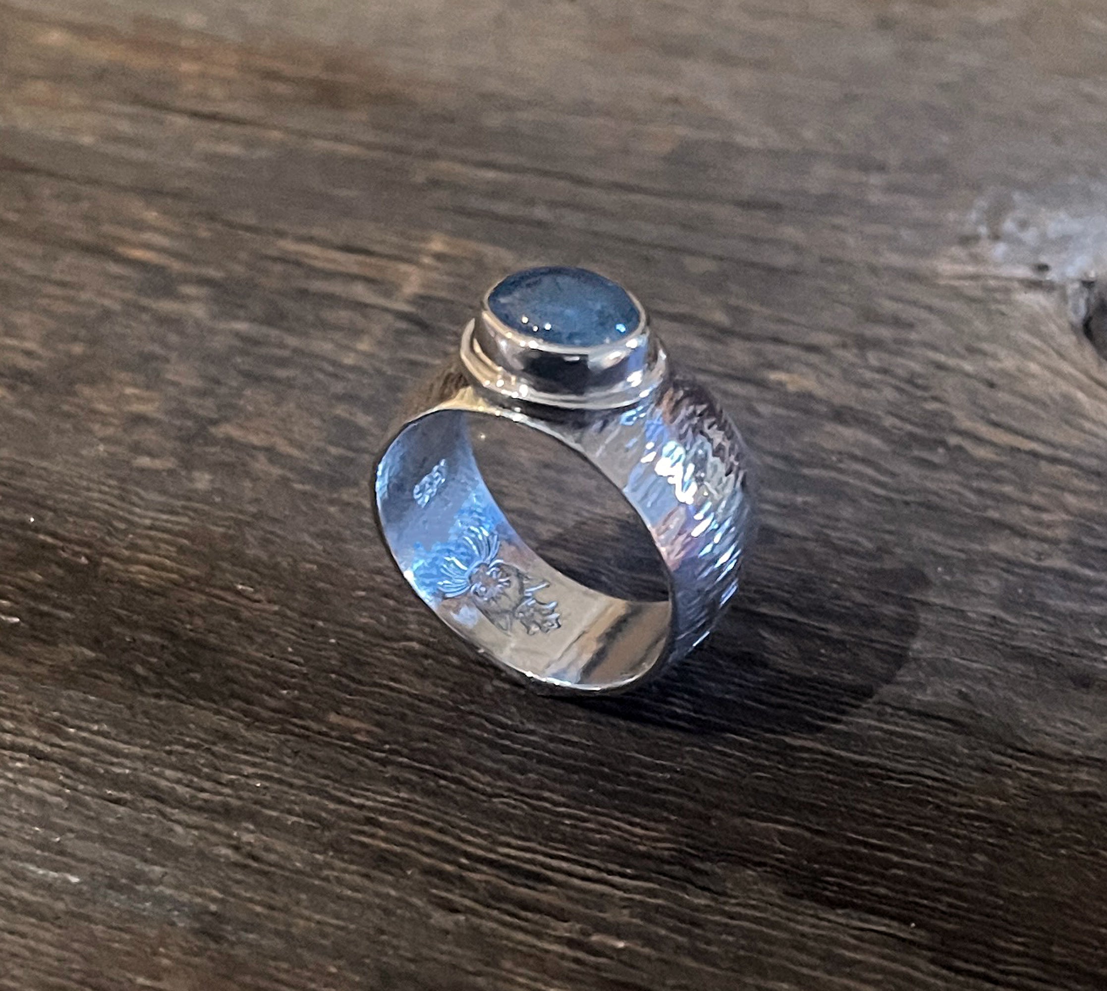 Aquamarine Ring with Wide Textured Band in 925 Sterling Silver, Cigar Band Ring, Handmade Gemstone Ring, Gift for Her, Wide Silver Ring