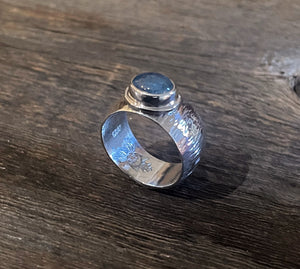 Aquamarine Ring with Wide Textured Band in 925 Sterling Silver, Cigar Band Ring, Handmade Gemstone Ring, Gift for Her, Wide Silver Ring