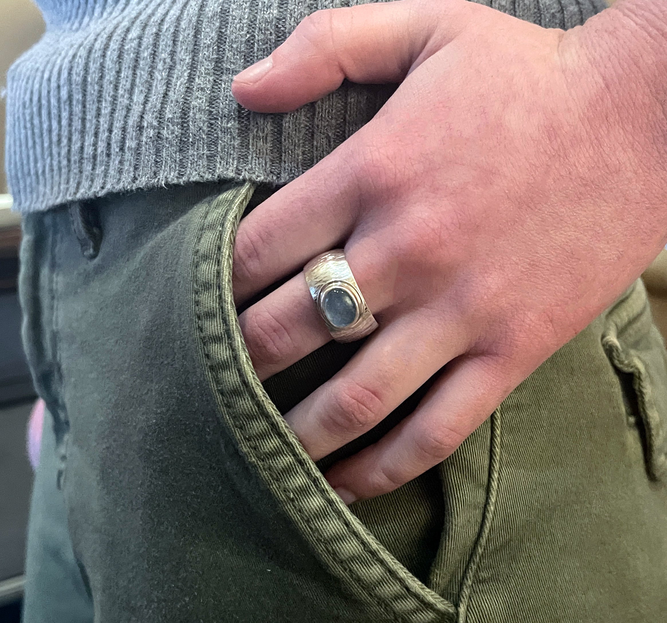 Aquamarine Ring with Wide Textured Band in 925 Sterling Silver, Cigar Band Ring, Handmade Gemstone Ring, Gift for Her, Wide Silver Ring