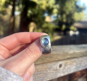 Aquamarine Ring with Wide Textured Band in 925 Sterling Silver, Cigar Band Ring, Handmade Gemstone Ring, Gift for Her, Wide Silver Ring