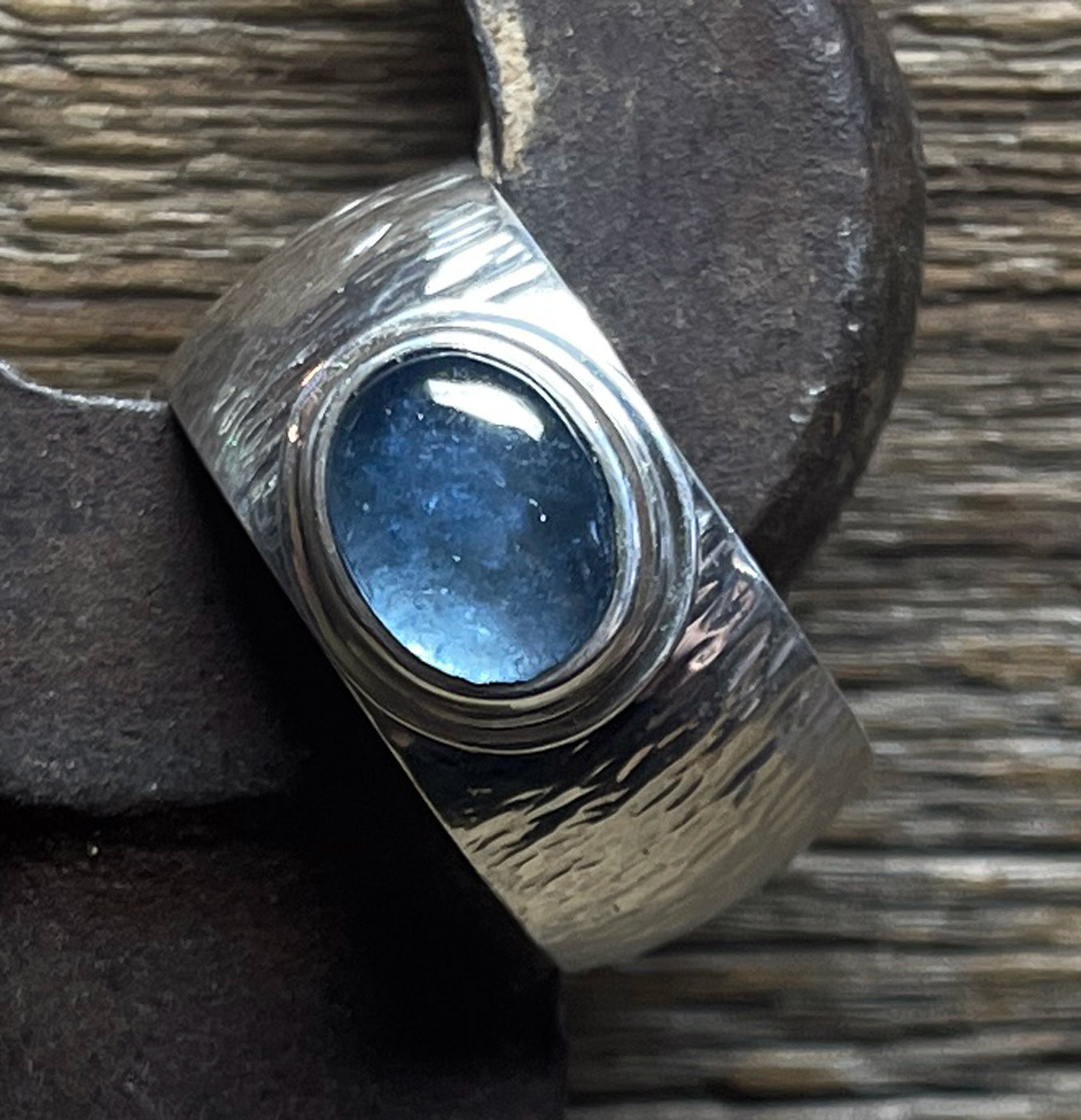 Aquamarine Ring with Wide Textured Band in 925 Sterling Silver, Cigar Band Ring, Handmade Gemstone Ring, Gift for Her, Wide Silver Ring
