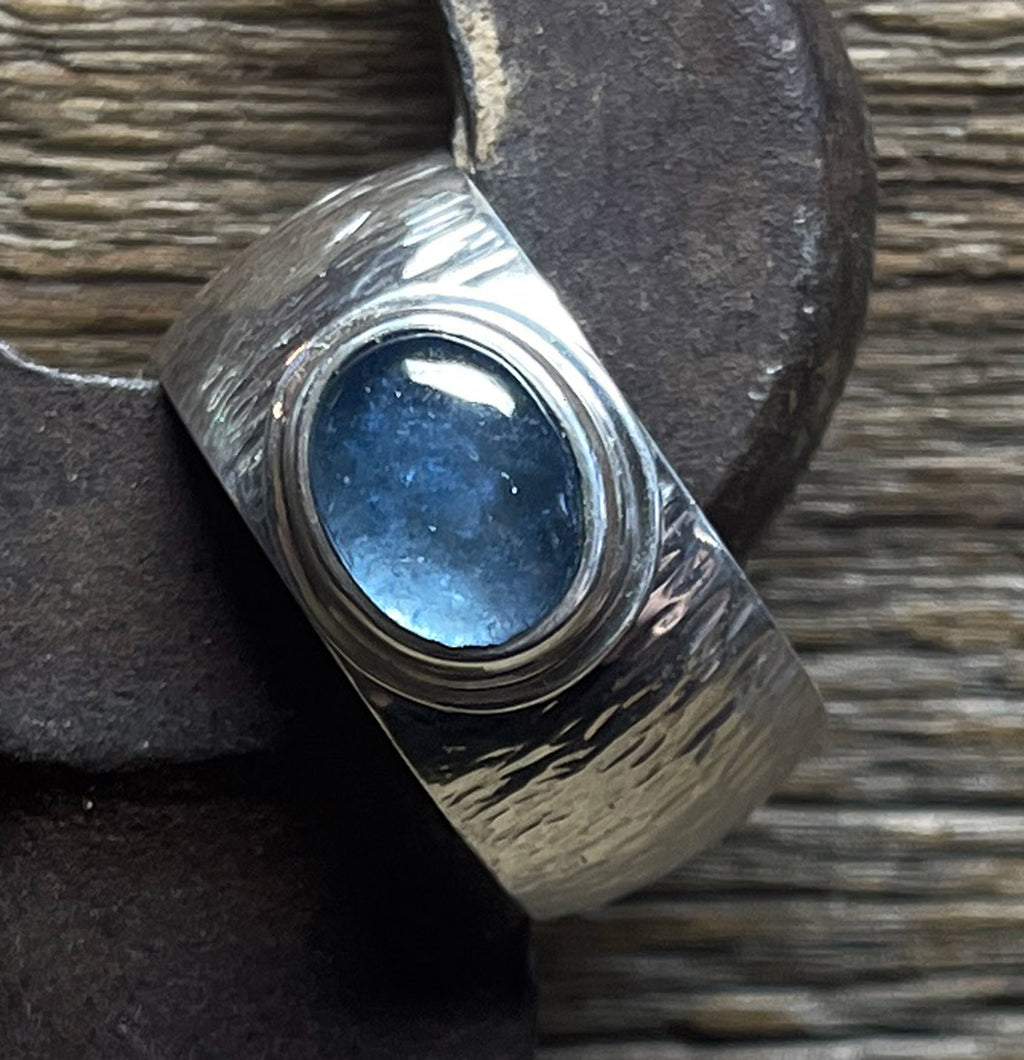 Aquamarine Ring with Wide Textured Band in 925 Sterling Silver, Cigar Band Ring, Handmade Gemstone Ring, Gift for Her, Wide Silver Ring