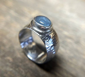 Aquamarine Ring with Wide Textured Band in 925 Sterling Silver, Cigar Band Ring, Handmade Gemstone Ring, Gift for Her, Wide Silver Ring