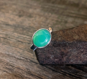 Green Chrysoprase Ring in Sterling Silver, Natural Chrysoprase East West Stacking Ring, Oval Chrysoprase Bezel Ring, Handmade Gemstone Ring