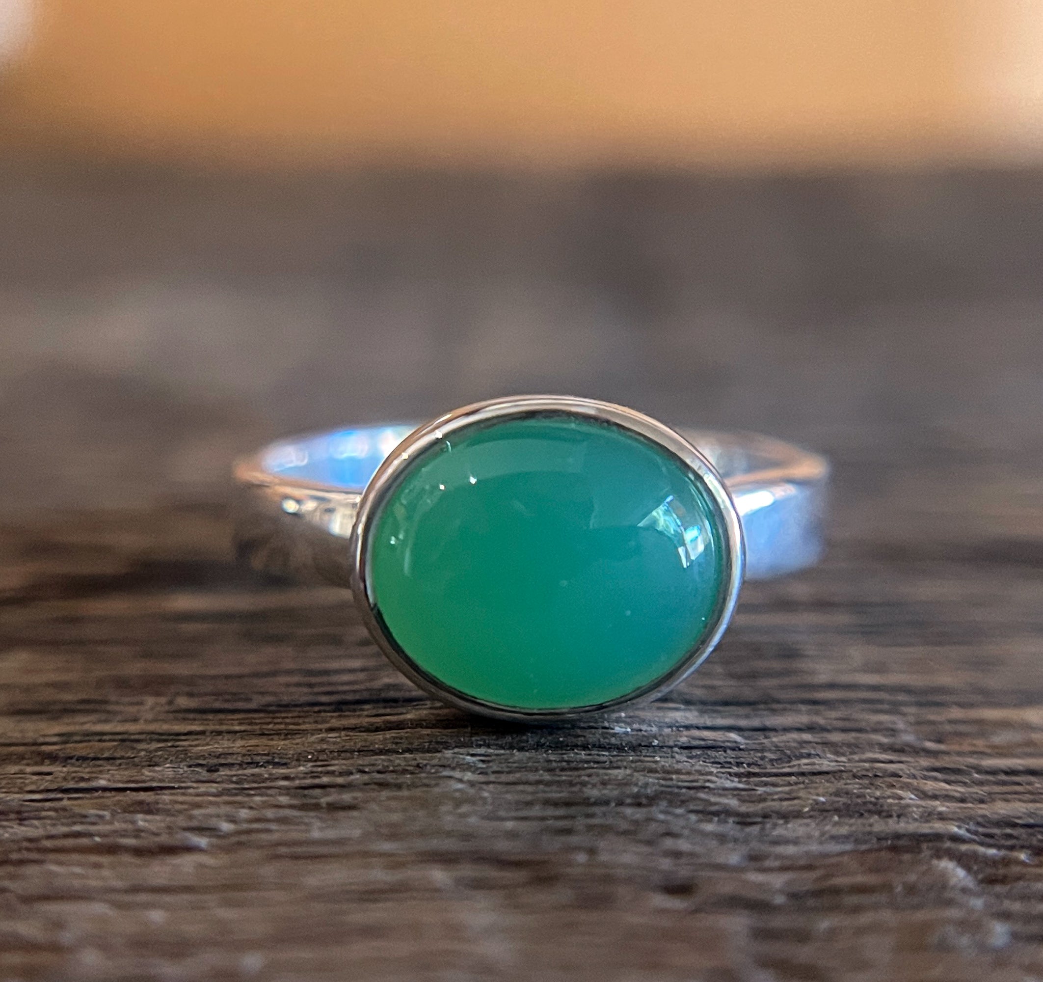 Green Chrysoprase Ring in Sterling Silver, Natural Chrysoprase East West Stacking Ring, Oval Chrysoprase Bezel Ring, Handmade Gemstone Ring