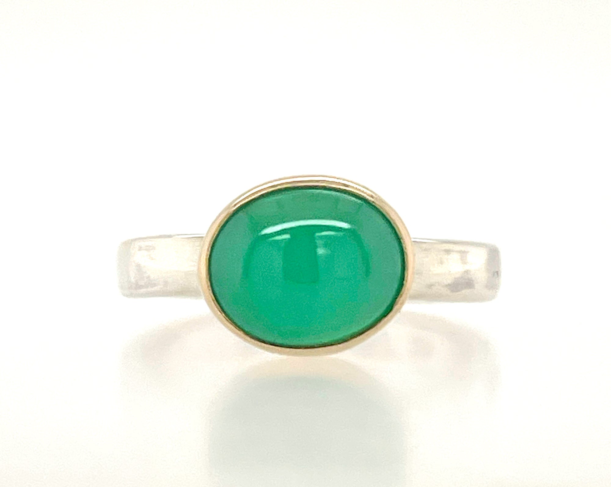 Chrysoprase Ring in 14k Gold and Sterling Silver, Apple Green Chrysoprase, East West Mixed Metal Stacking Ring, Green Gemstone Ring