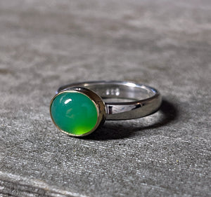 Chrysoprase Ring in 14k Gold and Sterling Silver, Apple Green Chrysoprase, East West Mixed Metal Stacking Ring, Green Gemstone Ring
