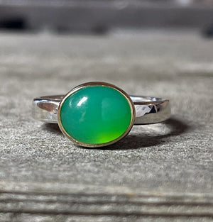 Chrysoprase Ring in 18k Gold and Sterling Silver, Apple Green Chrysoprase, East West Mixed Metal Stacking Ring, Green Gemstone Ring