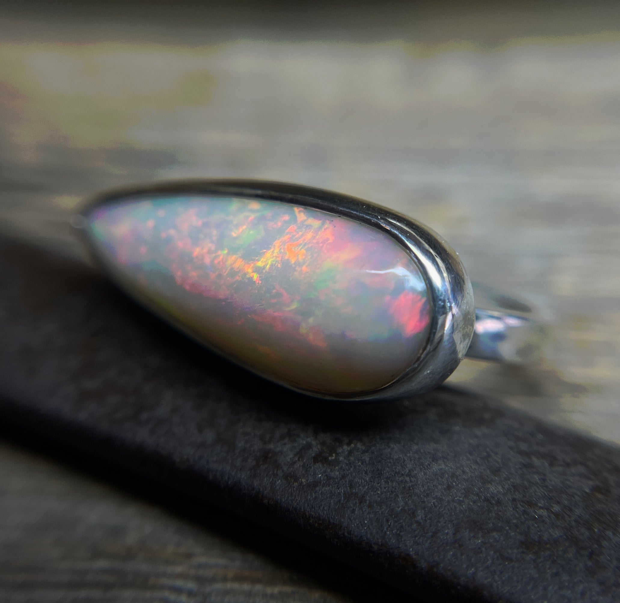 Opal Ring, Large Pear Shaped Ethiopian Opal Cabochon Ring, East West Statement Opal Ring, Handmade Jewelry, Gift for Her, October Birthstone