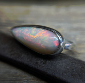 Opal Ring, Large Pear Shaped Ethiopian Opal Cabochon Ring, East West Statement Opal Ring, Handmade Jewelry, Gift for Her, October Birthstone