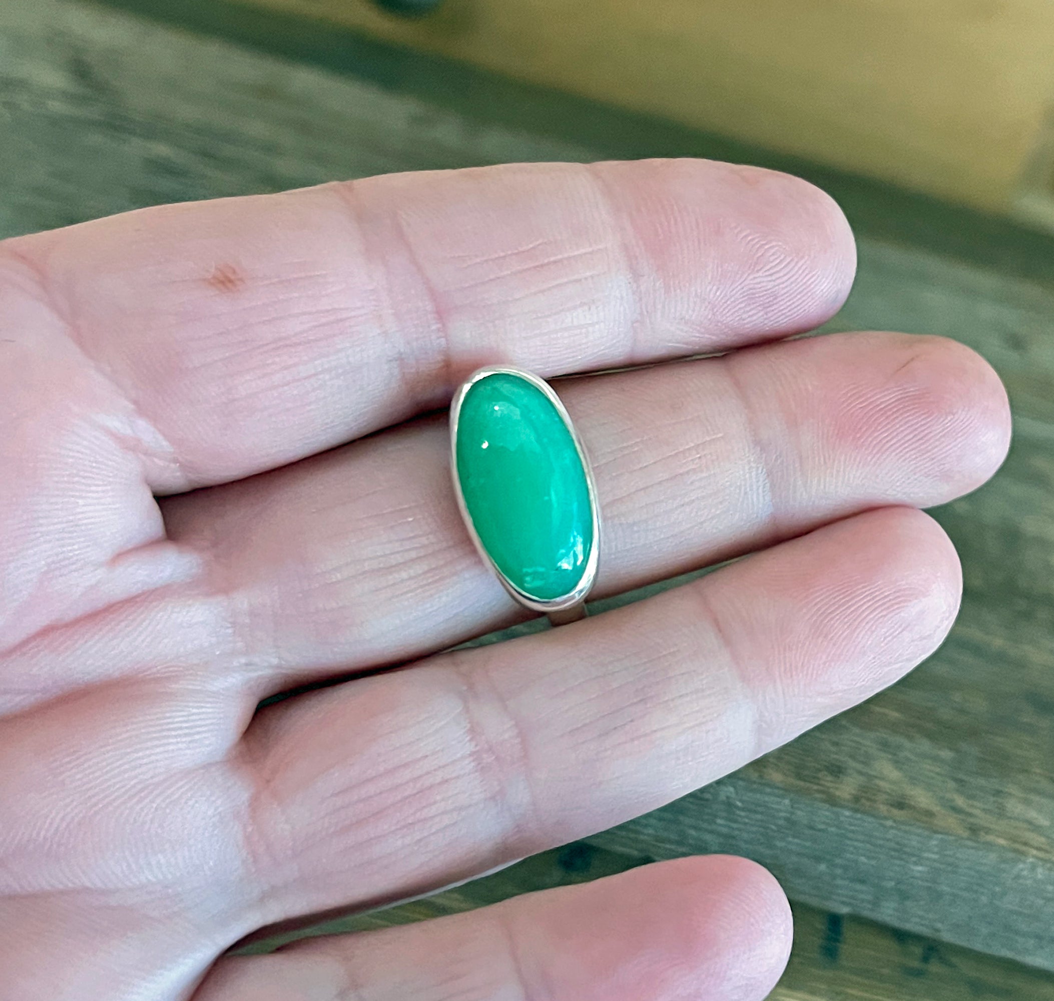 Australian Chrysoprase Ring in Sterling Silver, Natural Chrysoprase Statement Ring, East West Oval Chrysoprase Ring, Handmade Gift for Her