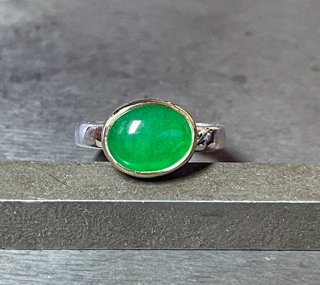 Jade Ring, Imperial Jade Ring in 14k Gold and Sterling Silver, Emerald Green Jade Stacking Ring, Gift for Her, Mixed Metal Ring