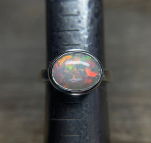Opal Ring in Sterling Silver, Oval Ethiopian Opal Ring, Statement Opal Bezel Ring, Handmade Gift for Her, October Birthstone, Natural Opal