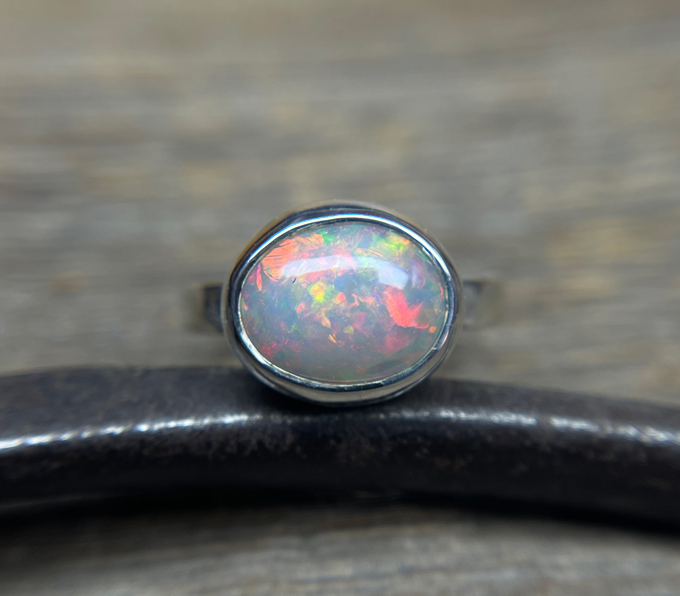 Opal Ring in Sterling Silver, Oval Ethiopian Opal Ring, Statement Opal Bezel Ring, Handmade Gift for Her, October Birthstone, Natural Opal