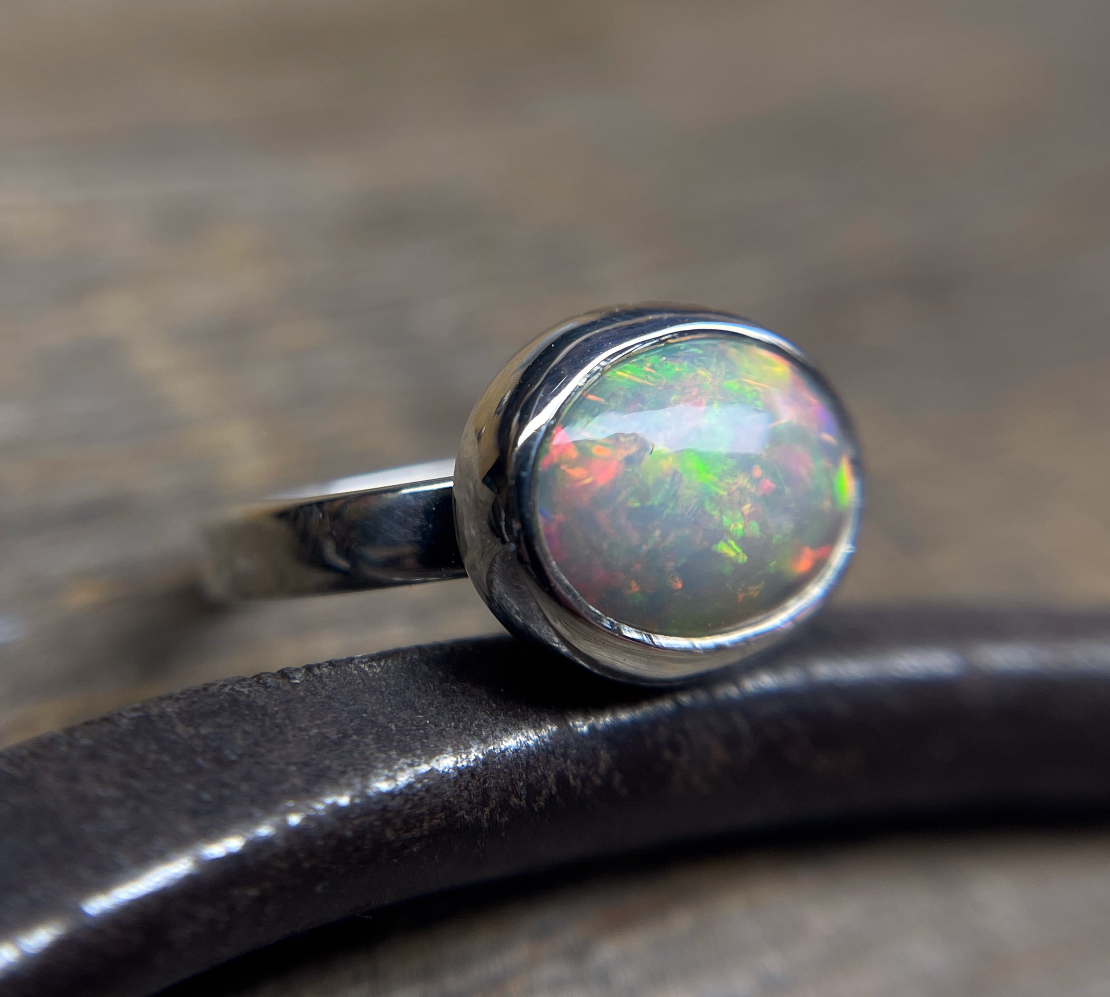 Opal Ring in Sterling Silver, Oval Ethiopian Opal Ring, Statement Opal Bezel Ring, Handmade Gift for Her, October Birthstone, Natural Opal