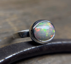 Opal Ring in Sterling Silver, Oval Ethiopian Opal Ring, Statement Opal Bezel Ring, Handmade Gift for Her, October Birthstone, Natural Opal