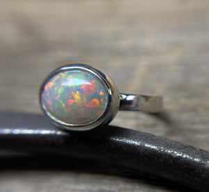 Opal Ring in Sterling Silver, Oval Ethiopian Opal Ring, Statement Opal Bezel Ring, Handmade Gift for Her, October Birthstone, Natural Opal