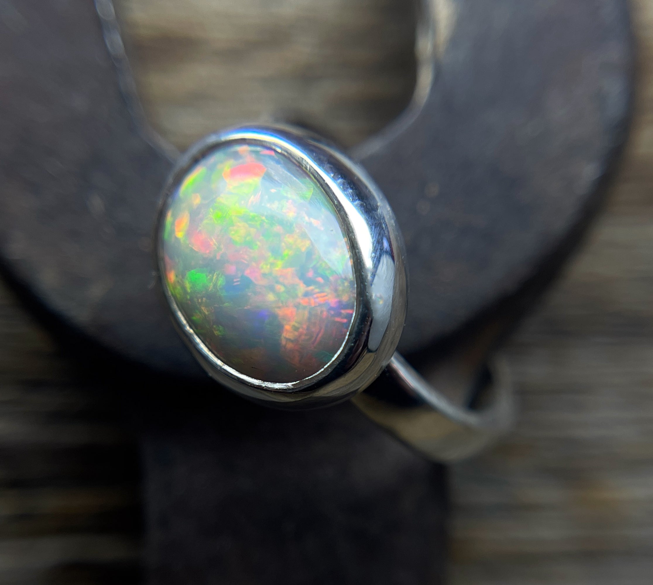 Opal Ring in Sterling Silver, Oval Ethiopian Opal Ring, Statement Opal Bezel Ring, Handmade Gift for Her, October Birthstone, Natural Opal