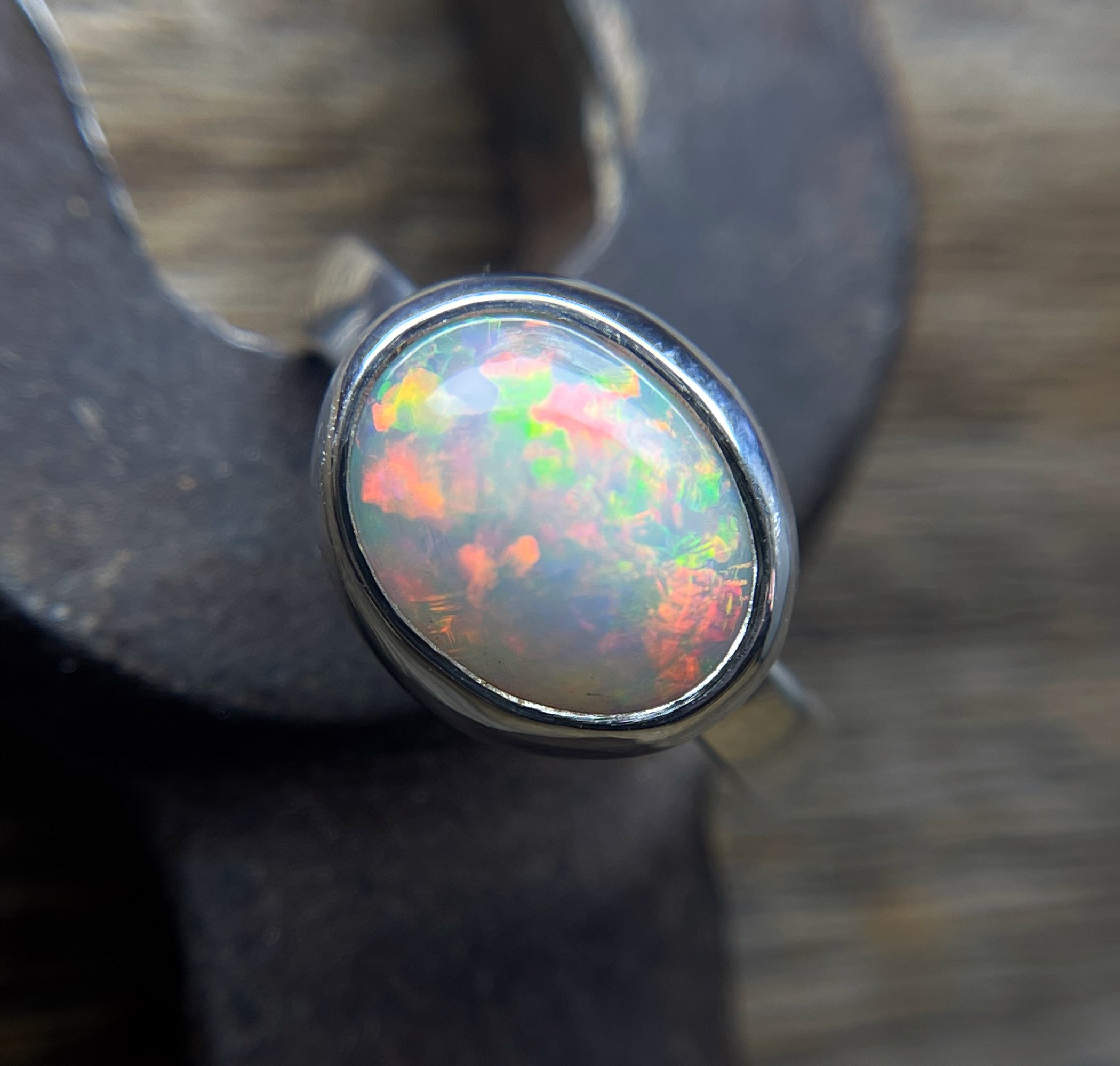 Opal Ring in Sterling Silver, Oval Ethiopian Opal Ring, Statement Opal Bezel Ring, Handmade Gift for Her, October Birthstone, Natural Opal