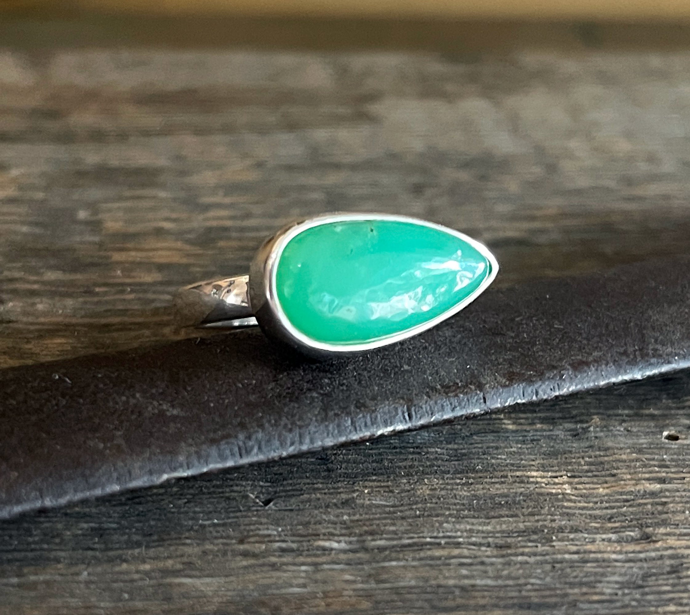 Green Chrysoprase Ring in Sterling Silver, Natural Chrysoprase Statement Ring, East West Pear Chrysoprase Ring, Handmade Mother's Day Gifts