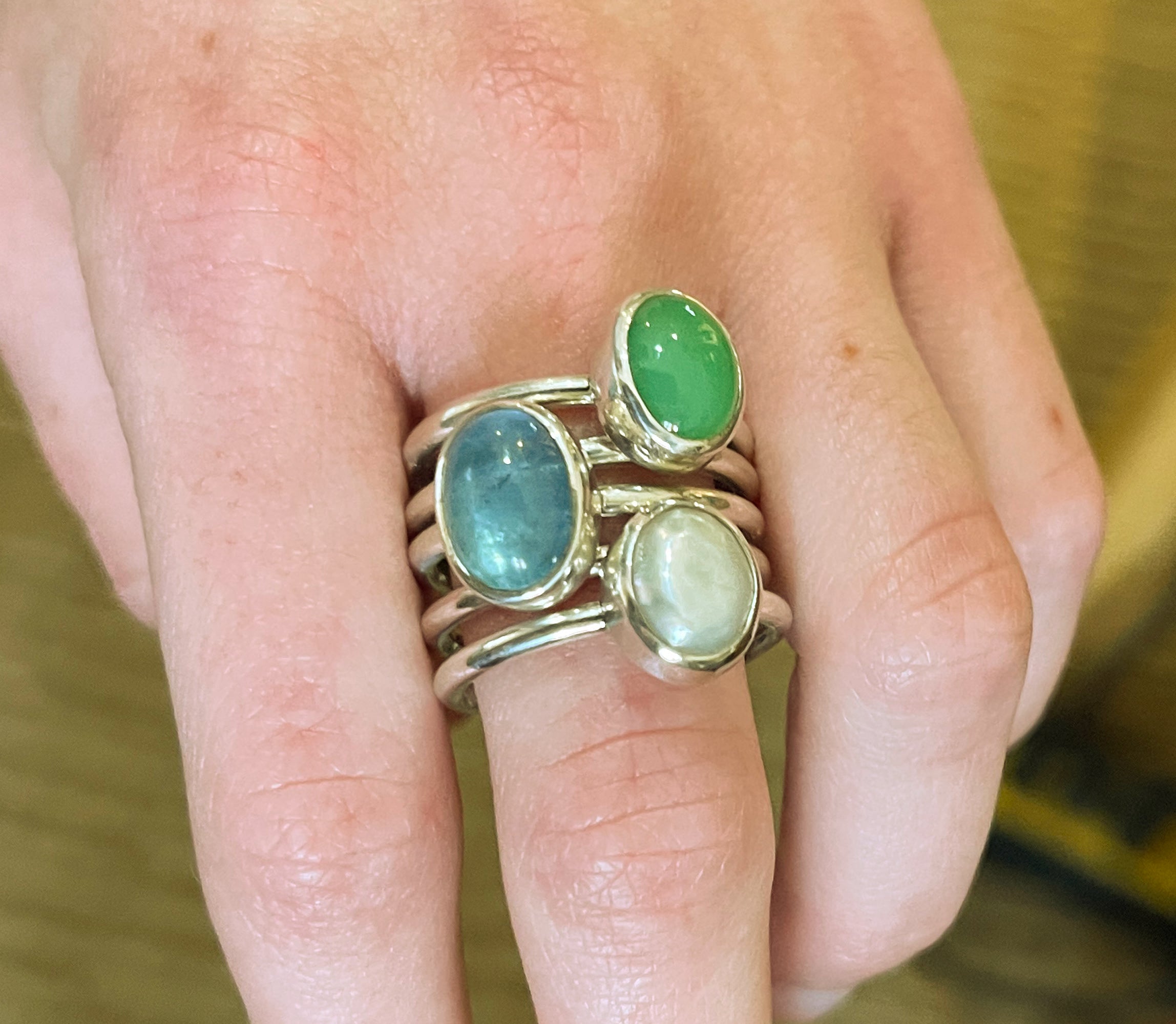Gemstone Stacking Ring Set, Aquamarine Chrysoprase Keishi Pearl Stacking Rings in Sterling Silver, Handmade Colorful Cabochon Bezel Rings