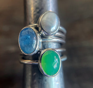 Gemstone Stacking Ring Set, Aquamarine Chrysoprase Keishi Pearl Stacking Rings in Sterling Silver, Handmade Colorful Cabochon Bezel Rings