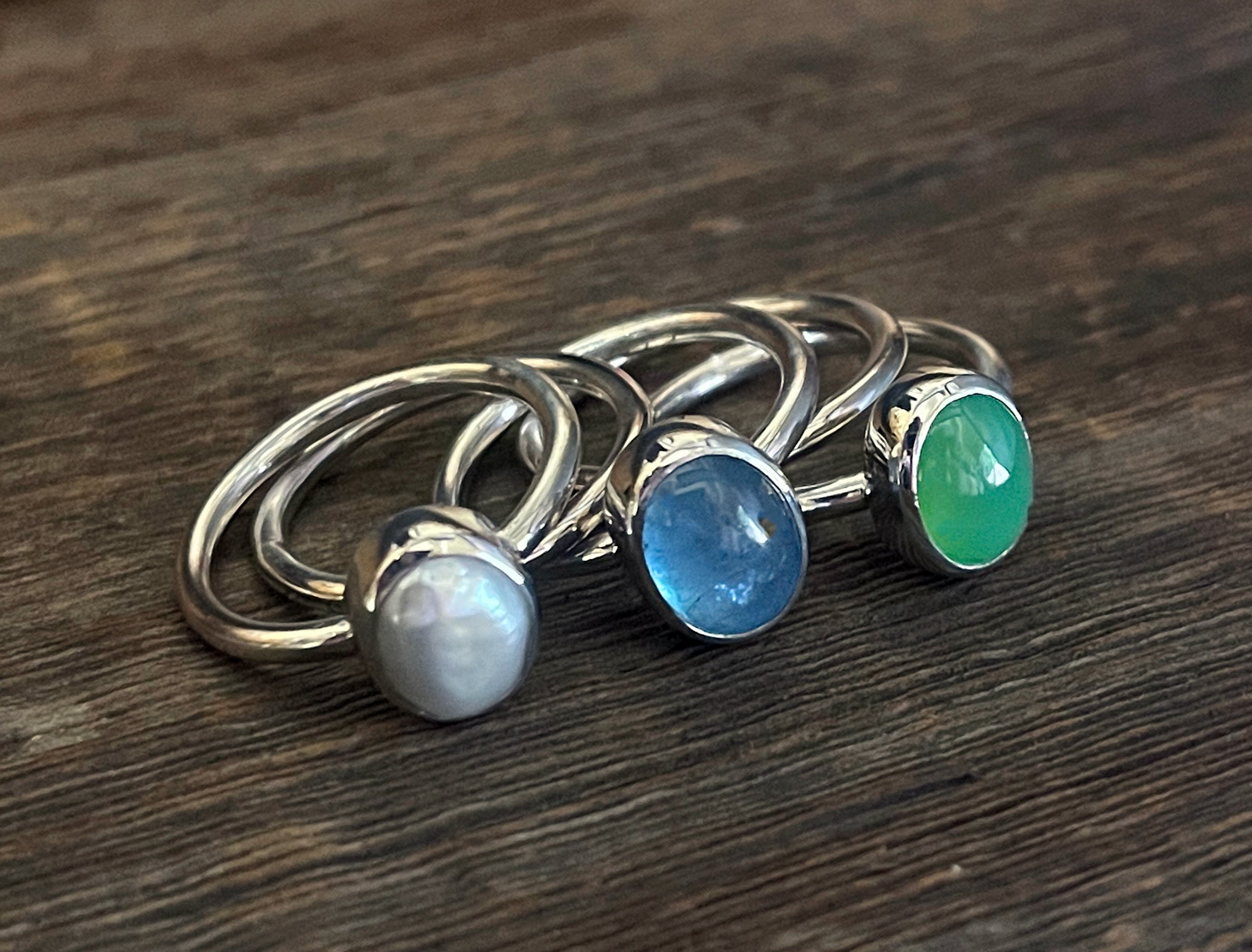 Gemstone Stacking Ring Set, Aquamarine Chrysoprase Keishi Pearl Stacking Rings in Sterling Silver, Handmade Colorful Cabochon Bezel Rings